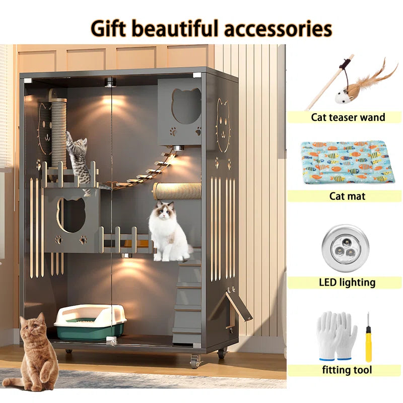 Desara Wooden Cat Villa, Large Cat Enclosure, Indoor Enclosed Cat House