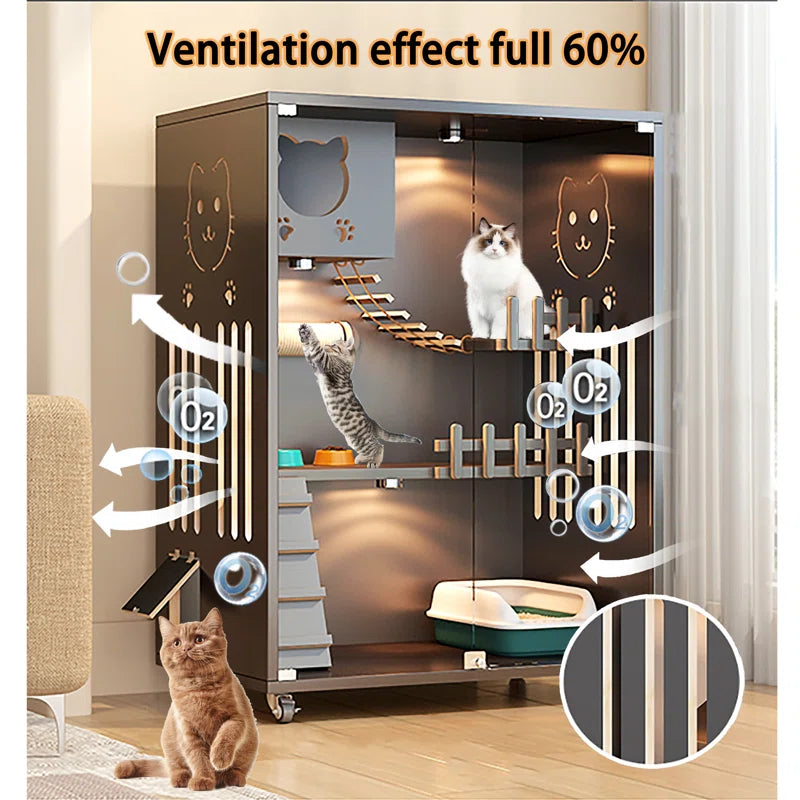 Desara Wooden Cat Villa, Large Cat Enclosure, Indoor Enclosed Cat House